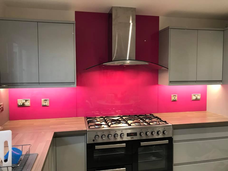 Pink Toughened safety glass splashbacks. Made to measure.