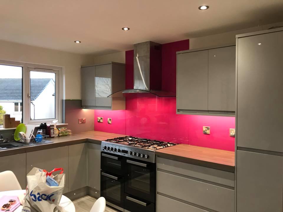 Pink Toughened safety glass splashbacks. Made to measure.